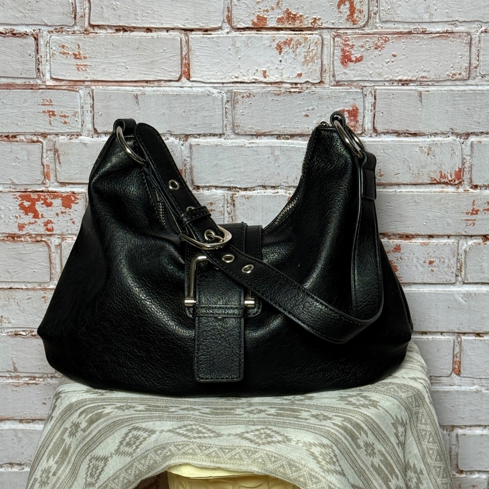Street Level Black Vegan Leather Hobo Shoulder Bag Buckle Detail Silver Hardware